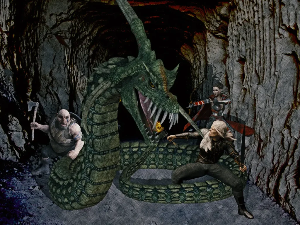 Three combatants flanking a giant snake monster