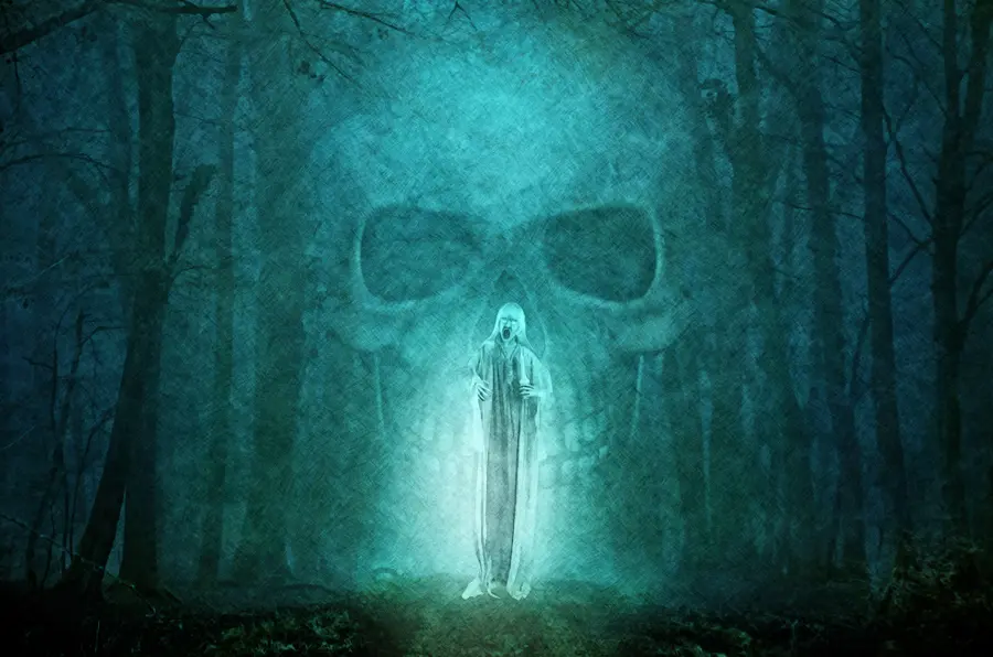 LoA Core Rules Magic spellbook Death Eater section image of a ghost in a forest with a skull in the background.