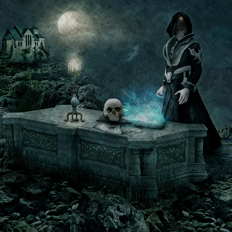 LoA Core Rules Magic spellbook Death Eater section image of a necromancer standing over a sarcophagus waiting to raise the dead.